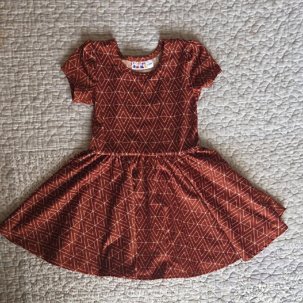 Geometric Patterned Kids Dress - Brown/copper